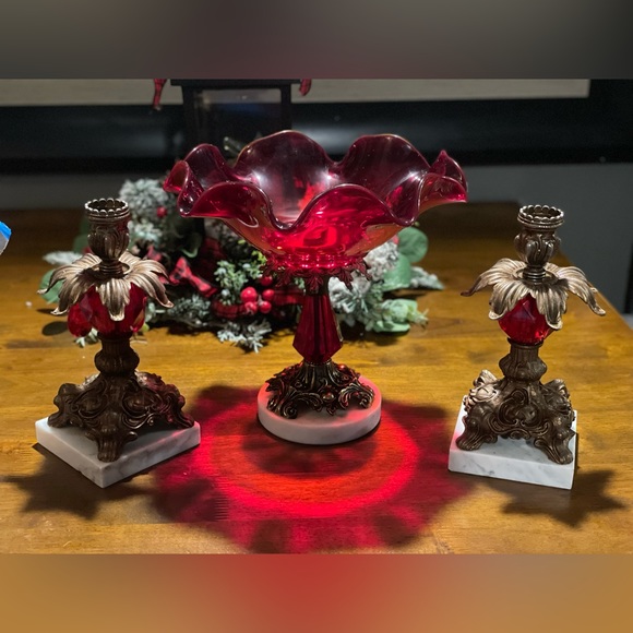 Other Rare Set Victorian Ruby Crystal Drop Bowl W Crystal Drop Candle